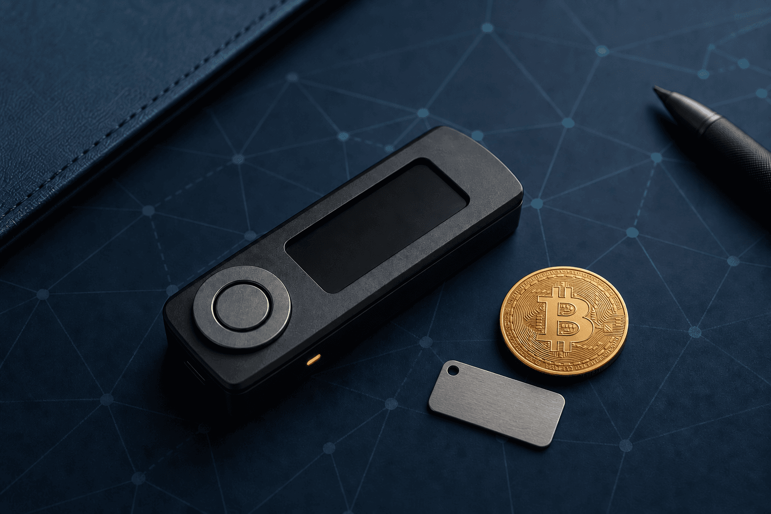 Hardware wallet, Bitcoin coin, and recovery plate